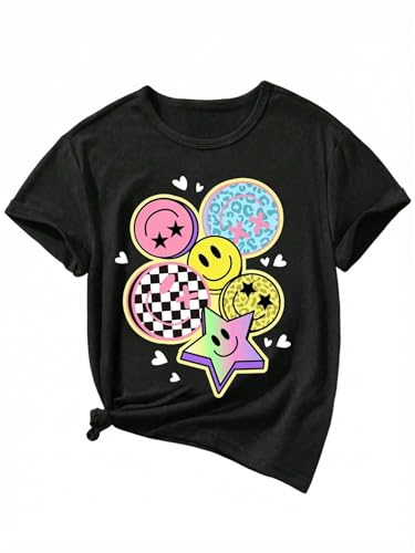 Image of Floerns Girl's Smiling Face Graphic Crew Neck T Shirt Short Sleeve Casual Cute Tee Top