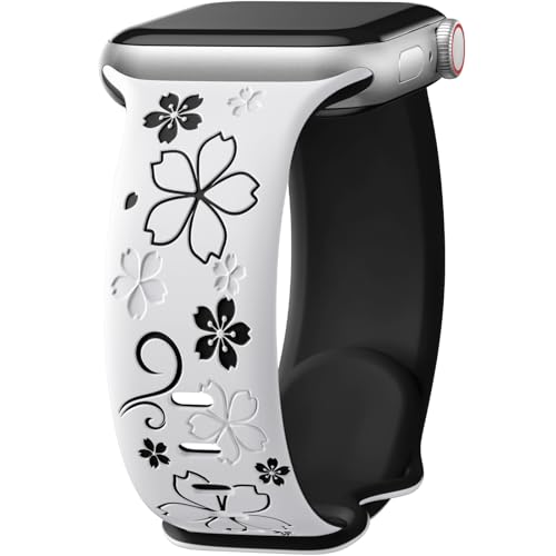 Floral Engraved Band Compatible with Apple Watch Bands for Women 40mm 41mm 42mm 38mm 44mm 45mm 46mm, Soft Silicone Cute TwoTone Flower Sport Strap for iWatch Series 11 10 9 SE 3 8 7 6 5 4 2