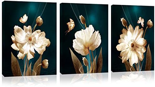 Canvas Wall Art Modern Simple Life White Flowers Floral Pictures for Home Bedroom Decor - 3 Panels Framed Artwork Canvas Prints Brown Green Poster for Living Room Bathroom Decor Each Board Size :12X16