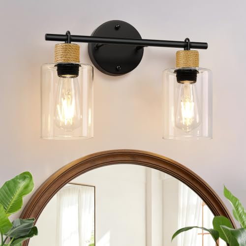 Image of MOKATNG Bathroom Light Fixtures, 2-Light Farmhouse Vanity Lights with Hemp Rope, Black Bathroom Wall Lamp for Mirror Kitchen Hallway Cabinet