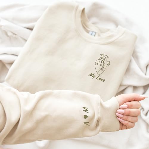 Personalized Embroidered Anatomical Heart Sweatshirt With Initials On Sleeve, Couple Hoodie, Custom Quote, Gifts For Boyfriend, Custom Quote, Matching Heart Initials Sweatshirt, Couple Hoodie3