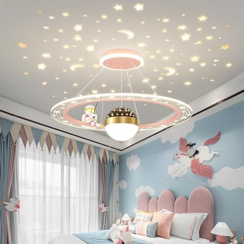 Astronaut LED Star Projector Ceiling Light - Dimmable Kids Pendant Chandelier for Nursery, Playroom, Baby Room - Colorful Pink, White, Blue Lighting Decor