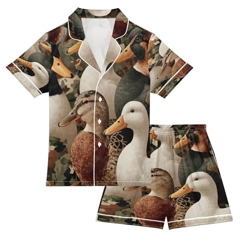 Satin Pajama Sets Short Sleeve Ducks Camouflage Button Down Silky Nightwear 2 Piece PJS 5-14Y