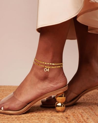 Ankle Bracelets for Women,14K Gold Plated Initial Anklets Dainty Heart Letter Ankle Bracelets Layered Gold Anklets for Women Non Tarnish A to Z Summer Beach Jewelry2