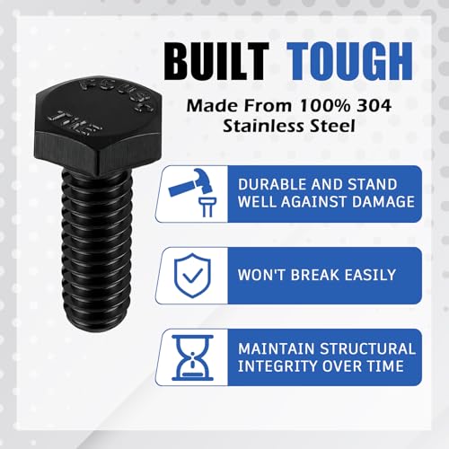 Image of Zonon 50 Pcs 1 /4-20 x 3 /4 inch Hex Head Screw Bolt 18-8 (304) Stainless Steel Hexagon Bolts, Fully Threaded, Plain Finish, External Hex Drive (Black)