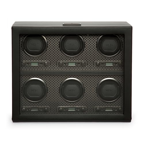 Wolf Axis 6-Piece Watch Winder with Glass Cover Powder Coat - Secure Fit with Patented Lock-in Dynamic Cuff - Accommodates All Wrist Sizes - Vegan Leather - Includes Universal Adapter