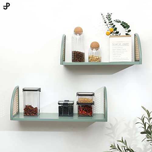 [Pj Collection] Decorative Wooden Wall Shelf With Rattan, Set Of 2, Floating Shelves, Wall Mount, Wall Shelf, Rustic Wood Wall Storage Shelves, Sturdy Floating Shelves (Green)… #TOP2