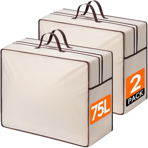Lifewit 75L Aufbewahrungstasche mit Verstärkten Griffen, 2 Stück Aufbewahrung Kleidung, Atmungsaktive, XXL Bettdecken Aufbewahrung mit 2 Reißverschluss, für Kissen, Bettwäsche & Decken