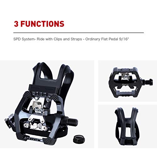 JOROTO SPD Pedals 9/16''Hybrid Pedal Cleats for Shimano SPD System with Toe Cages Clips and Straps for Spin Indoor Exercise Bikes with Truly Sealed Bearing Spindle