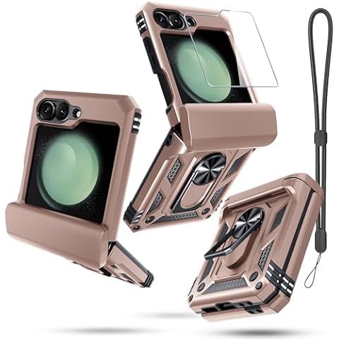 Janmitta Compatible with Samsung Galaxy Z Flip 6 Case Built in Screen Protector+Hinge Protection+Ring Kickstand,Heavy Duty Full Body Phone Cover with Wrist Strap Lanyard,2024 Rose Gold Cover