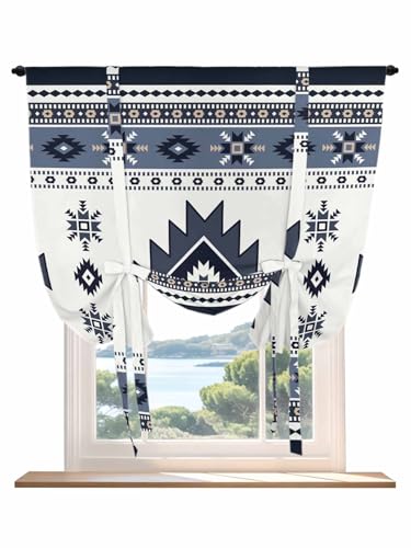 Tie Up Curtains for Windows Dark Blue Boho Roman Shade 46 x 63 Inch Bathroom Curtains Window Farmhouse Neutral Abstract Geometric Rod Pocket Short Balloon Curtains for Living Room Kitchen Small Blinds