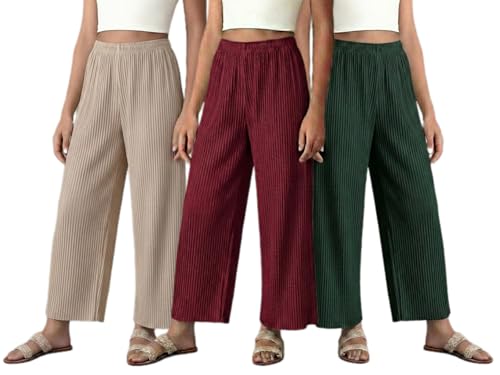 Image of Set of Combo Trouser and Pants for Girls and Women's Relaxed Fit Stretchable Regular Fit Palazzos Lightweight Elastic Waistband Bottoms for Daliy Office & Casual Wear