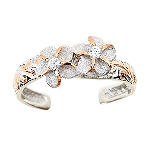 Hawaiian Sterling Silver and Pink Gold Two Plumeria Flower CZ Toe Ring Jewelry