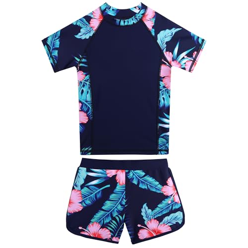 ZNYUNE Maillot de Bain Fille Deux Pièces Combinaison Anti UV Fille pour Filles de 3-9 Ans avec Manches Courtes + Short de Bain S504 NavyFlower 14A
