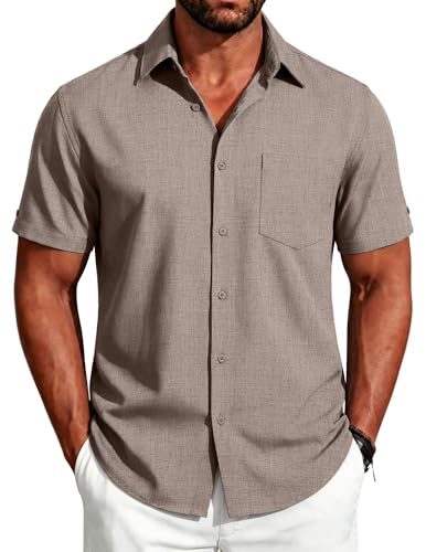 Image of COOFANDY Men's Button Down Shirts Short Sleeve Casual Shirts Summer Beach Linen Shirts with Pocket