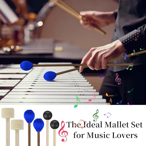 3 Pairs Blue Hard Yarn Head Keyboard Marimba Mallets, Black Rubber Bell Mallets, Felt Head Timpani Mallets, Bass Drum Stick Glockenspiel Sticks Xylophone Mallets for Percussion Instrument