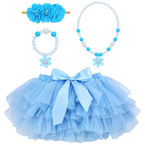 Lawie 4 PCS Set Tulle Short Dress Tutu Skirt with Flower Headbands Accessories Princess Flower Girls Outfit Shower Gifts
