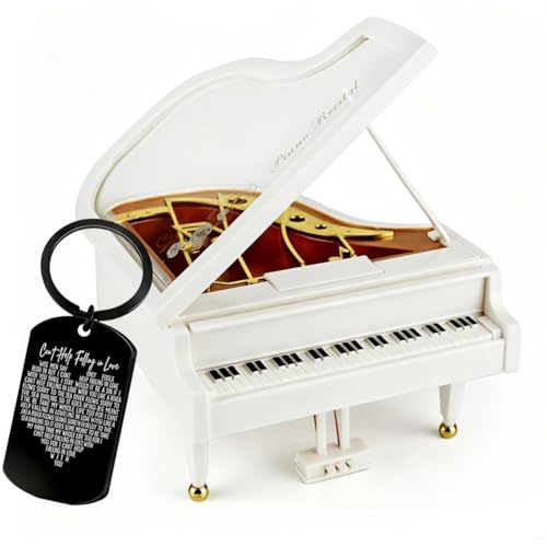 DEFINEY Piano Shaped Music Box with Cant Help Falling in Love Engraved Keychain Set Creative Musical Keepsake Romantic Anniversary Birthday Gift for Her Wife Girlfriend Music Lover Gift