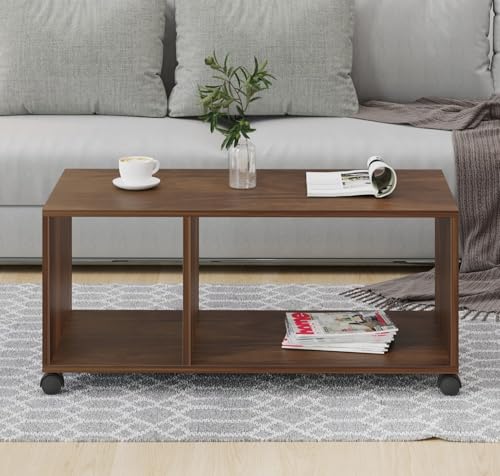 Image of BLUEWUD Taury Engineered Wood Coffee Center Sofa Tea /Teapoy Console Table with Wheels or Casters for Sofa Set Living Room Home Hall Furniture (Brown Maple)