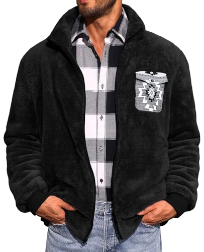 Yousify Mens Fuzzy Sherpa Jacket Full Zip Fleece Long Sleeve Jackets Thermal Coat Fall Winter Outwear