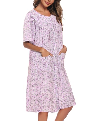 Image of COSUNIONY House Dresses for Women Cotton Short Sleeve House Coat Buttons Down Dusters Robe with Pockets S-XXL