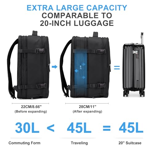 Image of coowoz Large Travel Backpack For Women Men, Carry On Backpack,Hiking Backpack Waterproof Outdoor Sports Rucksack Casual Daypack Expandable Heavy Duty Extra large Backpack Black Expansion
