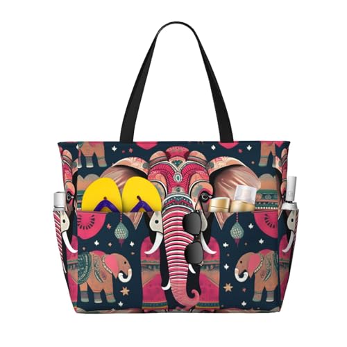 Bohemian Elephant Pattern Print Large Waterproof Beach Bag For Women With Zipper And Pockets For Travel Vacation