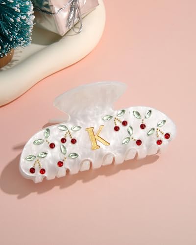 Image of CHLINS Initial Cherry Hair Clips for Women Girls - Cute Glitter Monogram Claw Clips with Rhinestone Cherry Print Hair Accessories, Ideal Birthday Bridesmaid Gifts for Teens Girls, Letter K