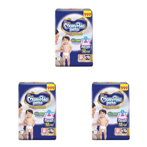 Image of MamyPoko Pants Extra Absorb Baby Diapers, Large (L Size) | 9-14 kg | 48 Count |Deep Sleep Diapers| Soft Gentle fit |Deep Absorbent Crisscross | Skin Friendly with Coconut Oil | (Pack of 3)