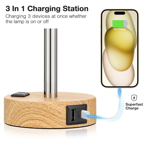 Fenmzee Bedside Table Lamp For Bedroom - 3 Way Dimmable Touch Lamp Usb C Charging Ports And Ac Outlet, Small Lamp Wood Base Round Flaxen Fabric Shade For Living Room thumb #3