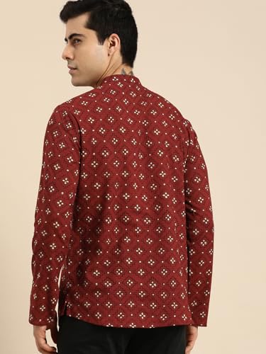 Image of Zombom Men's Cotton Polyester Blend Solid Regular Fit Full Sleeve Printed Short Kurta | Ethnic, Lightweight Summer Kurta for Daily & Occasion Use | Men's Trendy Short Kurta