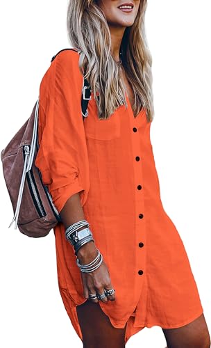 Image of POGTMM Women's Swimsuit Cover Up 3 /4 Sleeve Button Down Shirt Dress
