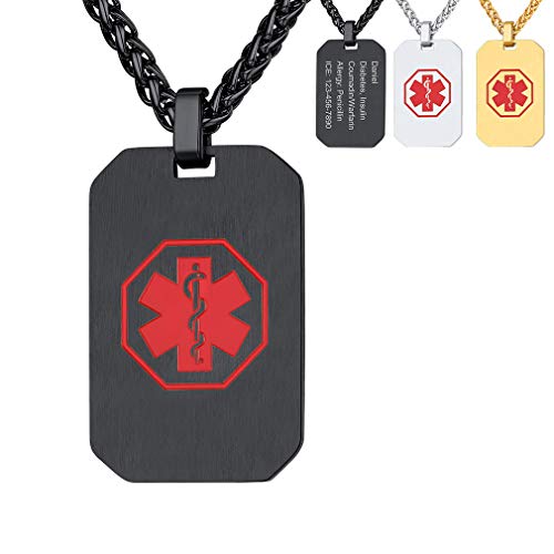 Rectangular Colgantes Ahilados Cruz Roja de Alerta Médica Collar de Acero Inoxidable para Enfermedades Urgentes Socorro Tabla Militante Personalizado Negro