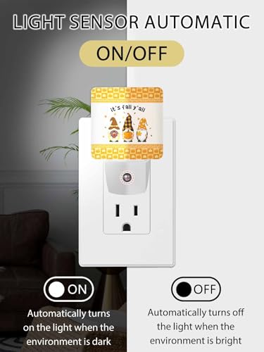 Image of Night Light Plug in LED It's Fall Y'all Gnomes on Pumpkin Maple Leaf Buffalo Plaid Automatic Night Light, Square Night-Light Plugs into Wall for Bedroom Bathroom Kitchen Hallway Decor