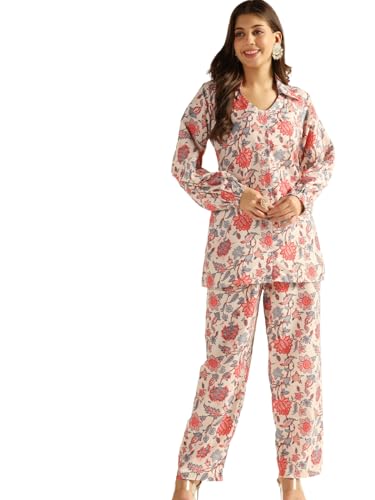 Image of DHRUVI TRENDZ Co Ord Set for Women Stylish | Ethnic Cotton Casual Cord Set | Stylish Summer Kurta & Pant Set | Casual Daily Outfit Night Suit for Women | Full Sleeve Top with Relaxed Fit Trousers