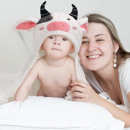 Image of Baby Towels with Hood for 1-6, 2-Pack Toddler Bath Towel with Animal Face Soft Absorbent,Premium Coral Fleece Ultra Absorbent Thick Shower Gift for Kids Infant,White Cow &Blue Penguin Set