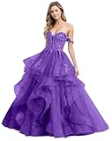HAIBFJIN Rüschen Tüll Abendkleider Schulterfreie Quinceañera Kleider Ballkleid Lang Spitzenapplikationen Brautkleid