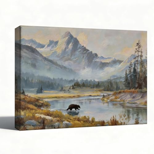 RTVJTERQ 8x10 Inches Bear in Mountain River Landscape Oil Painting Canvas Wall Art, Wilderness Wildlife Art for Living Room Office Cabin Rustic Home Wall Decoration