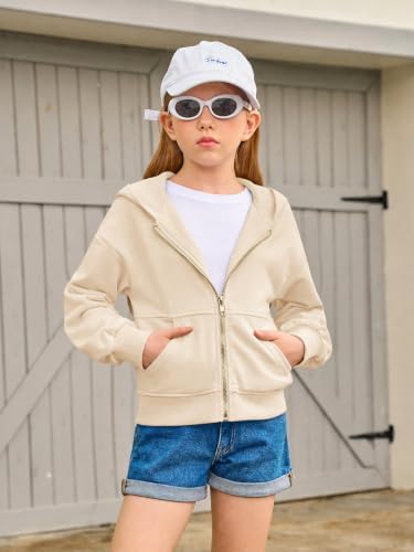 Haloumoning Girls Zip Up Hoodies Kids Casual Long Sleeve Sweatshirt Fall Jacket with Pockets 5-14 Years Light Khaki