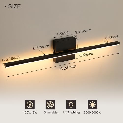 Image of Modern Bathroom Vanity Light 24 Inch, 18W Black Bathroom Light Fixture Over Mirror, Dimmable 5CCT LED Wall Sconce Lighting for Restroom Mirro