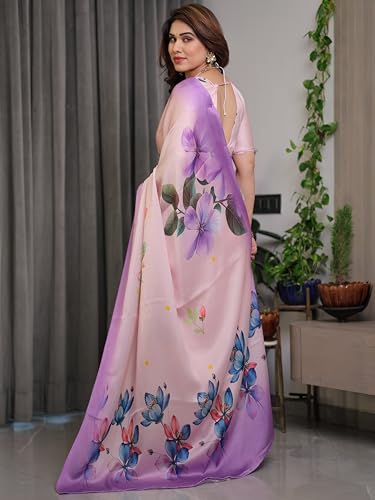 Image of ALMAARI FASHION Satin Georgette Floral Printed Saree with Blouse, 5.5 Meter Saree with 0.8 Meter Blouse, Traditional (SG 102 SH)