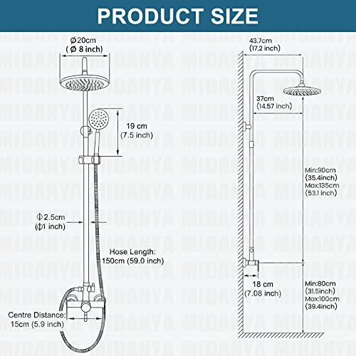 Midanya Brushed Nickel Outdoor Shower Fixture Sus304 Stainless Steel 8 Inch Rainfall Showerhead Wall Mount Shower Faucet With Round Hand Sprayer Adjustable Slide Bar Single Handle #TOP5