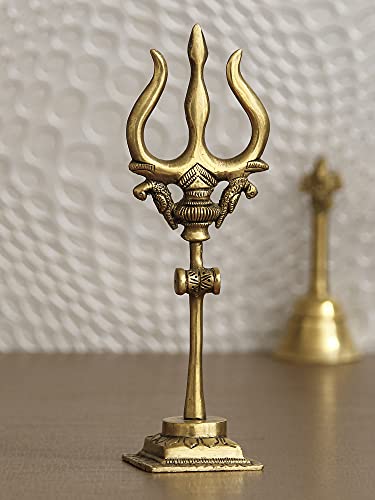 Image of eCraftIndia Golden Brass Handcrafted Trishul with Damru Statue | Trishul for Pooja Mandir Home Temple | Gift for Diwali Housewarming Maha Shivratri