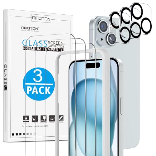 OMOTON für iPhone 15 Panzer Schutz Glas mit Rahmen-Installationshilfe kompatibel mit iPhone 15 Kamera Schutzfolie 3+3 Stück Anti- Kratzer Bläschenfrei 9H Härte HD-Klar