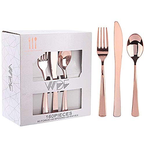 WDF160 Piece Rose Gold Disposable Cutlery Set - Heavyweight Plastic Silverware - Includes 80 Forks, 40 Spoons, 40 Knives - Rose Gold Silverware Perfect for Wedding Party Birthday
