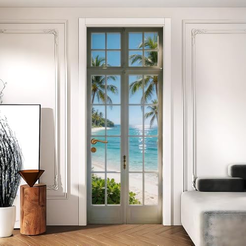 Image of Ocean View Door Mural, Faux French Door Cover, 30.3x78.7in