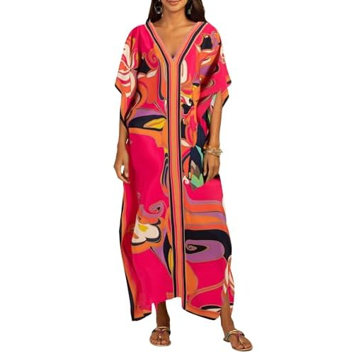 Bsubseach Women Plus Size Kaftan Dress Swimsuit Cover Up Caftan Maxi Beach Dresses Cover Ups One Size Rosy Flower