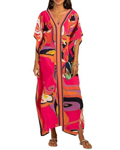 Bsubseach Femme Caftan Robe Cache Maillot de Bain Kaftan Maxi Longue Tunique Bohème Boho Eté Djellaba Kimono Rose Rouge
