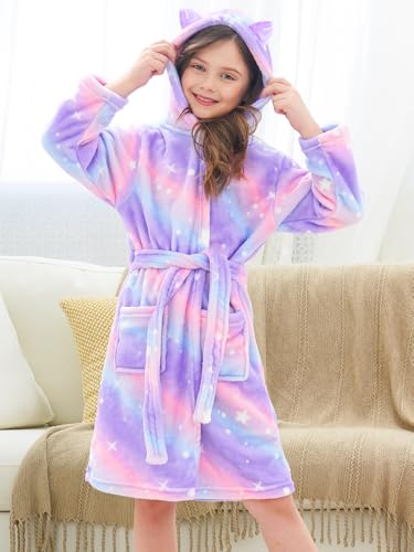 Doctor Unicorn Girls Leopard Cat Robe Kids Fleece Warm Hooded Bathrobe4