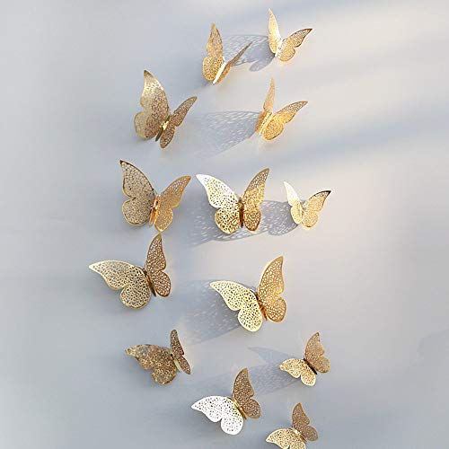 Image of PINDIA 3D Polyvinyl Chloride Metal Butterfly Wall Stickers (Gold) - 12 Pieces, Self-Adhesive, 7 cms